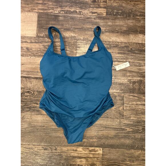 $102 NWT Anne Cole Square Neck Front Shirred One Piece Swimsuit Women's Teal 20W - Picture 1 of 6